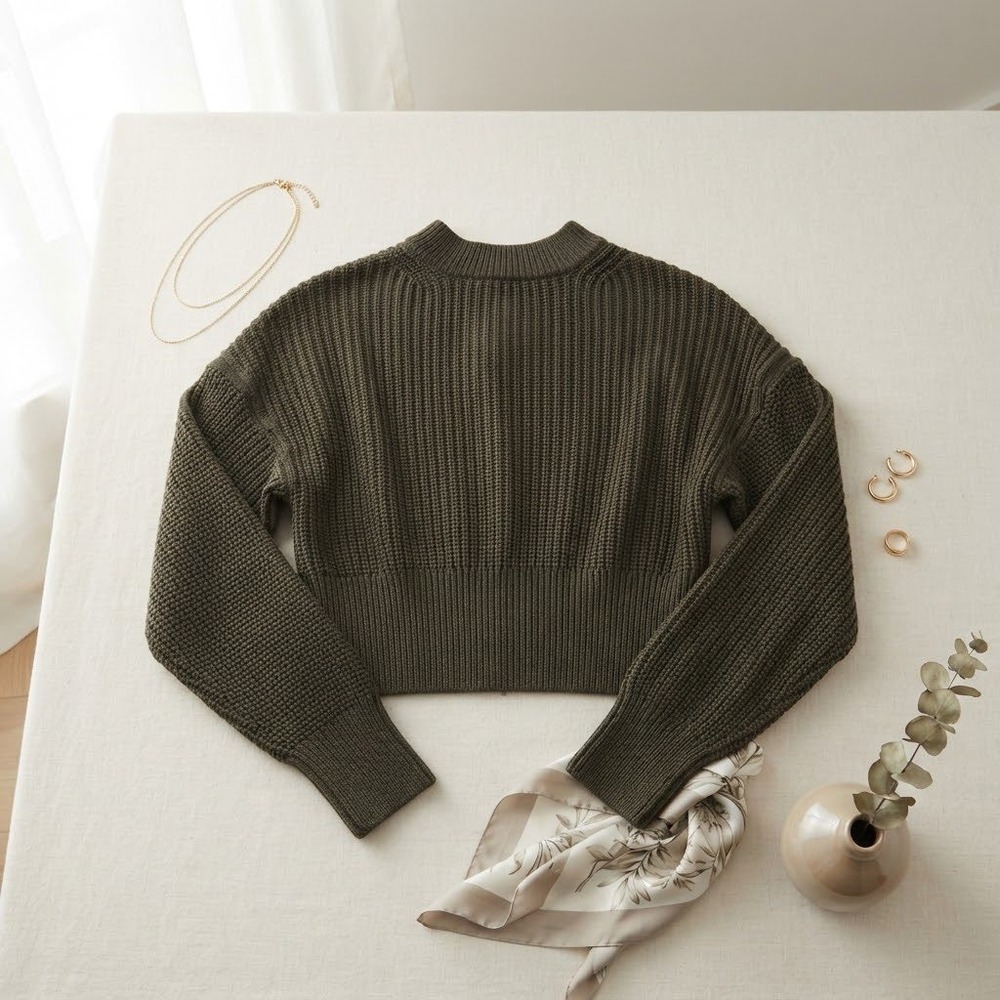 Everlane Cropped Crew Sweater Women XS Olive Green Organic Cotton Chunky Knit